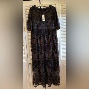 NWT PETALLUSH lace embroidered maxi dress SIZE LARGE black/gray
